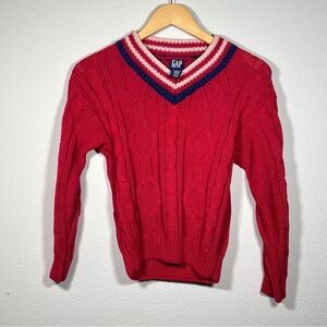 GAP Men's Red V-Neck Sweater with Striped Collar